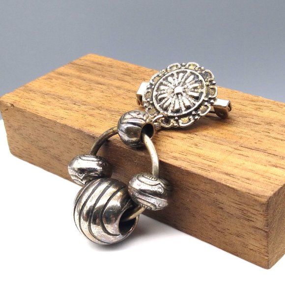 Silver Tone Dangle Brooch has a Tribal Flair with Repousse and Embossed Beads - Picture 3 of 4